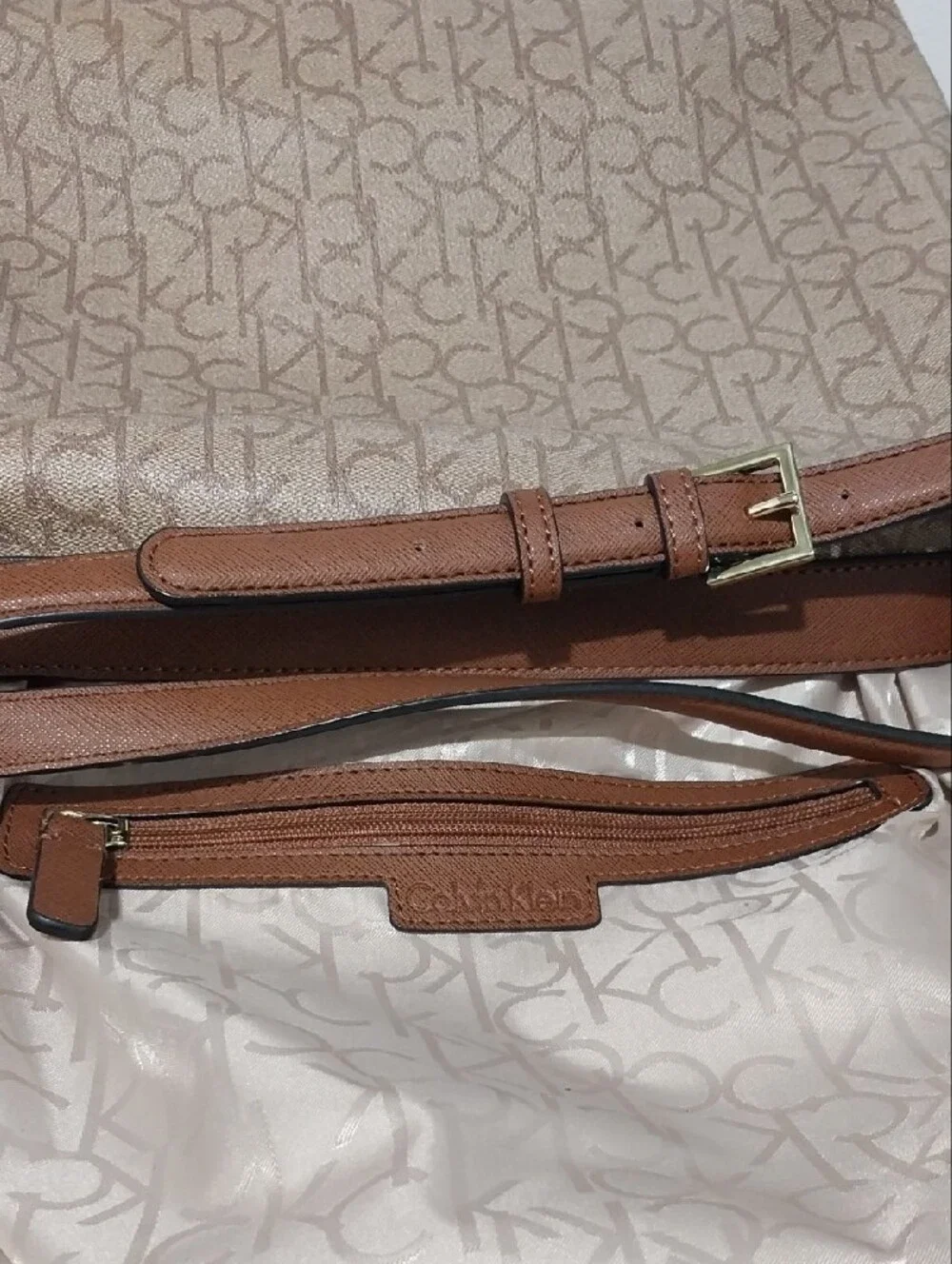 Calvin Klein Beige/Tan Logo-Print Shoulder Bag